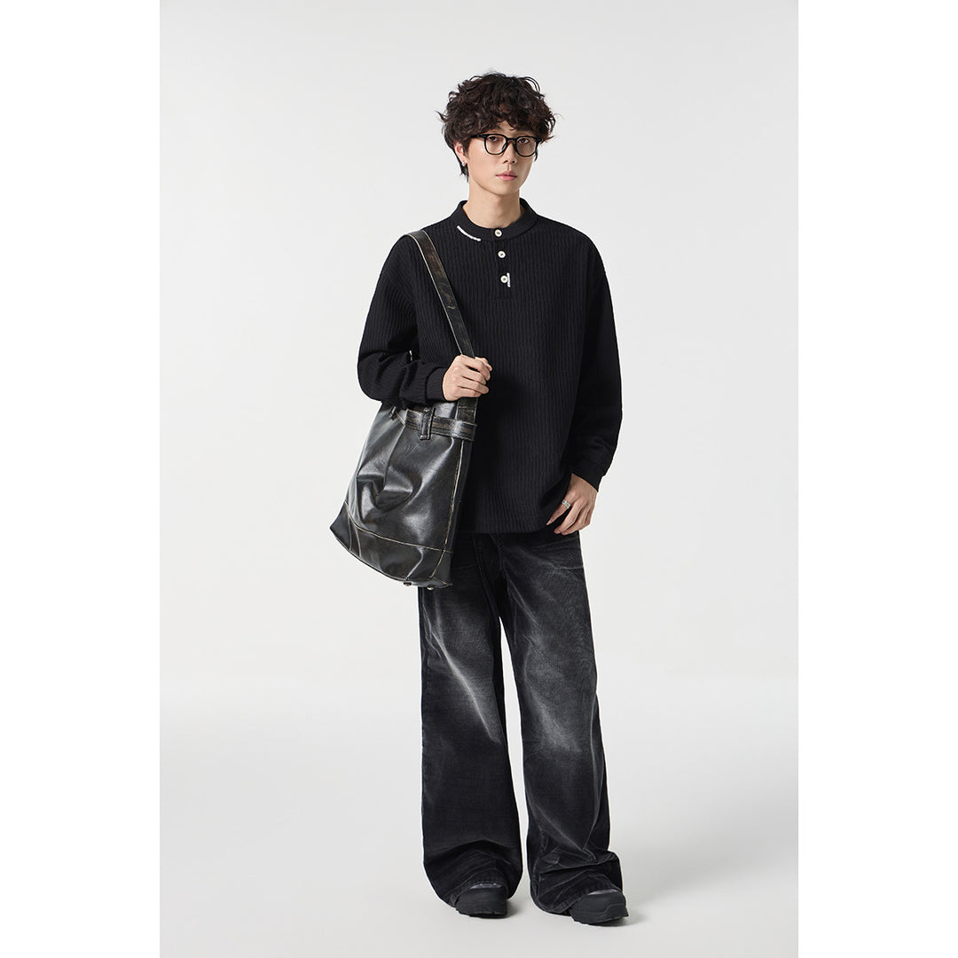 Unisex Gerippter Oversize-Henley-Pullover mit Knopfleiste Echoarchiv