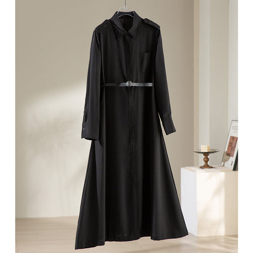 Damen Langes Hemdblusenkleid mit Taillengürtel, Schulterklappen und durchgehender Knopfleiste Echoarchiv