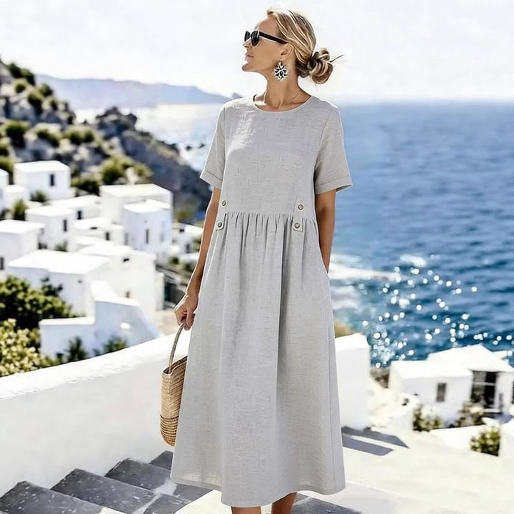 Damen Langes Leinenoptik-Sommerkleid mit geraffter Taillenpartie und Eingrifftaschen – Lunéa