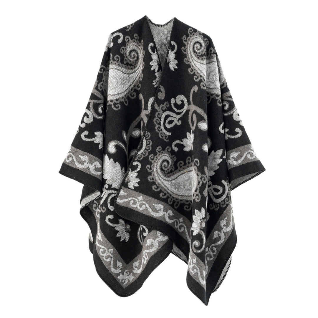 Damen Wollmix-Poncho-Umhang mit Paisley-Jacquard und Ziernaht – Célinea