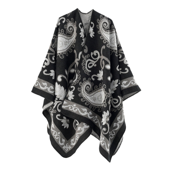 Damen Wollmix-Poncho-Umhang mit Paisley-Jacquard und Ziernaht – Célinea