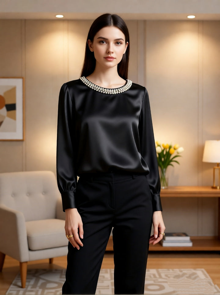 Damen elegante satinierte Bluse mit Perlenkragen Echo Archiv
