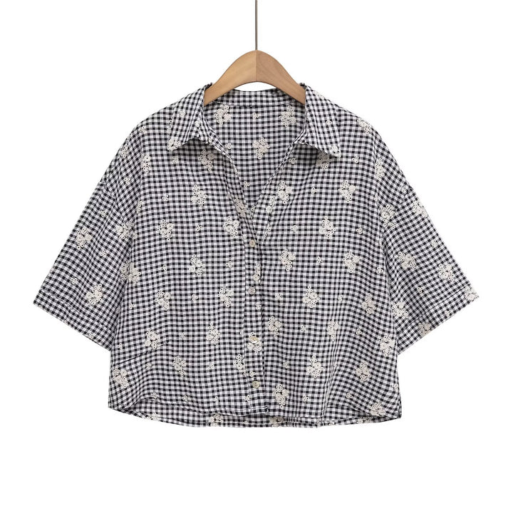 Damen weite Karottenhose mit floralem Gingham-Muster und eleganter Kantenverzierung Echo Archiv