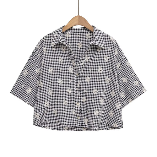 Damen weite Karottenhose mit floralem Gingham-Muster und eleganter Kantenverzierung Echo Archiv