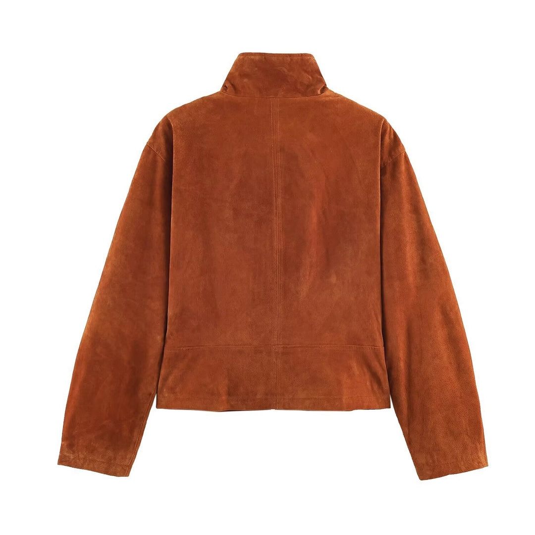 Damen Kurz geschnittene Wildlederjacke im Blouson‑Stil mit taillierten Abnähern und Metallreißverschlüssen Echo Archiv