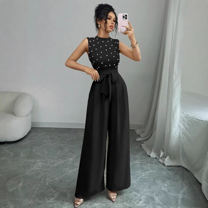 Damen Eleganter Jumpsuit mit Perlenbesatz, Stehkragen und weitem Palazzo-Bein – Solévia