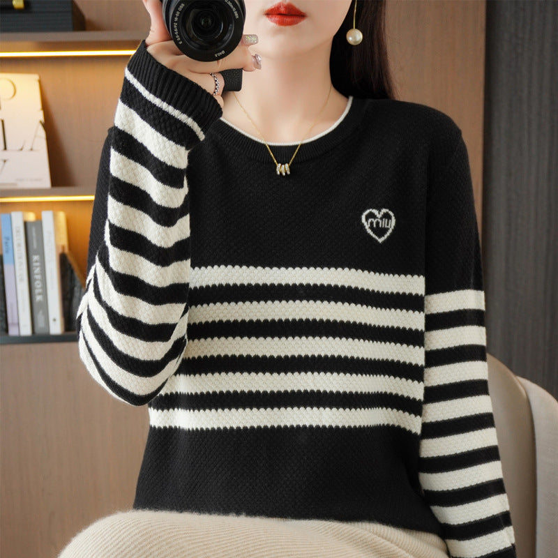 Damen Oversize-Strickpullover mit Wabenstruktur, kontrastierenden Streifen und dezentem Herzlogo Echoarchiv