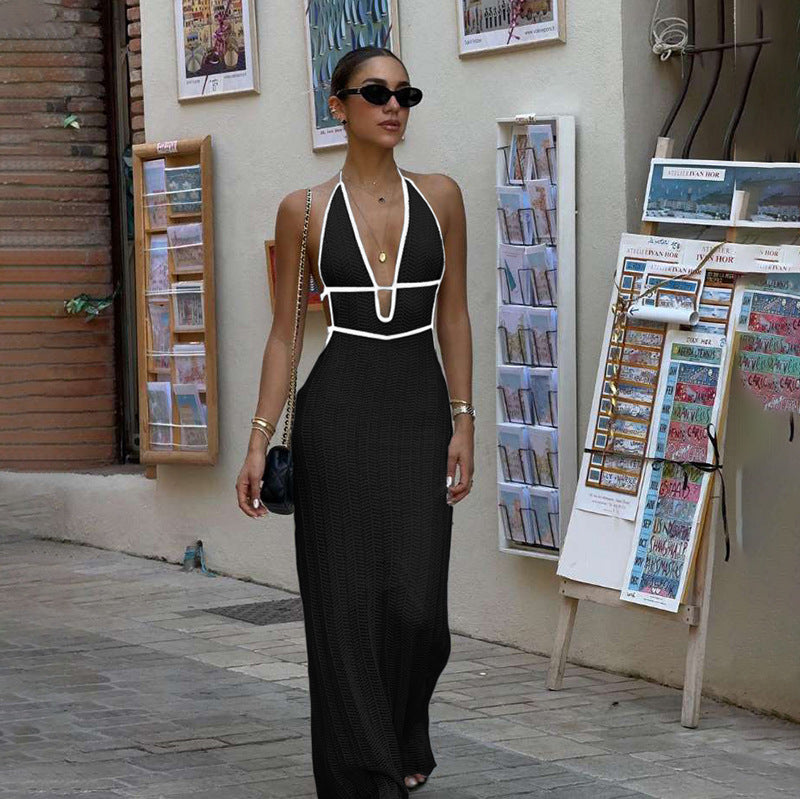 Damen Strick Maxikleid mit tiefem V-Ausschnitt und Bindebändern Echo Archiv