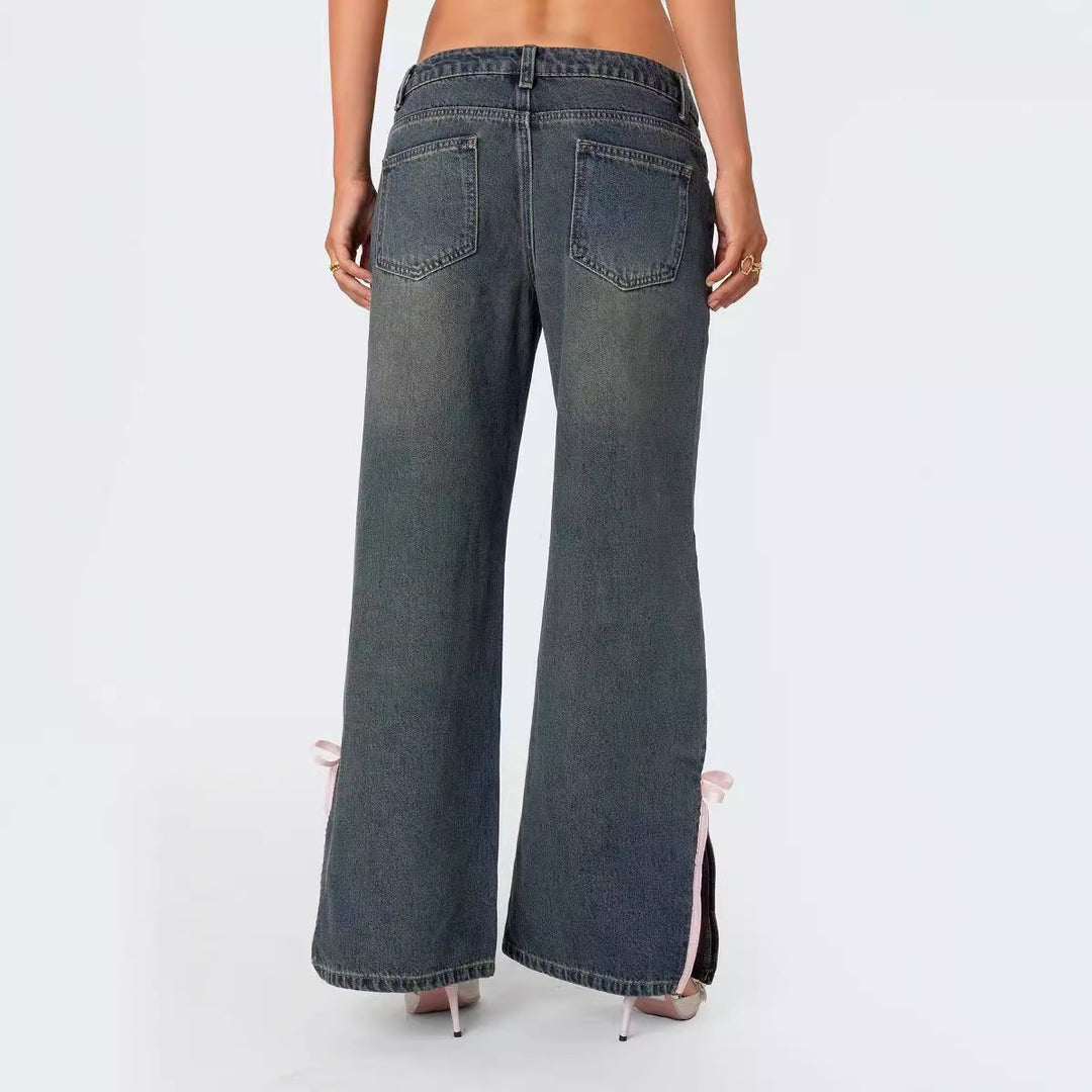 Damen Hohe Taillen Denim-Hose mit modischen Schleifendetails Echo Archiv