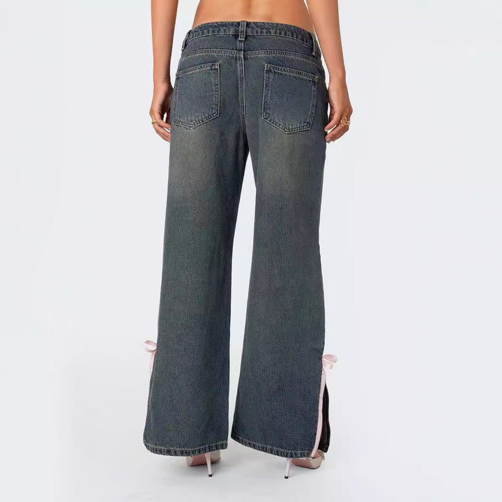 Damen Hohe Taillen Denim-Hose mit modischen Schleifendetails Echo Archiv