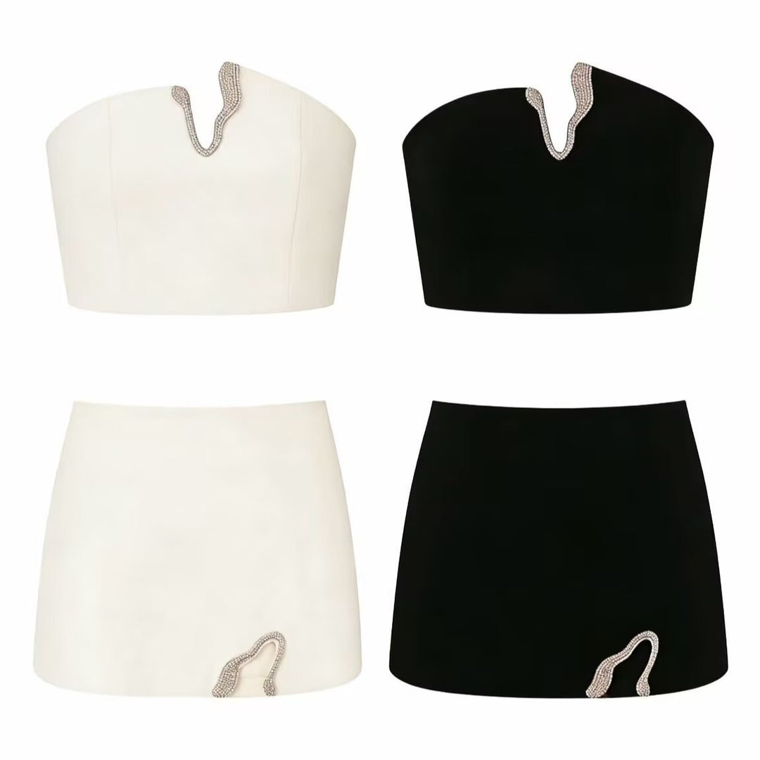 Damen Crop-Top und Mini-Rock Set mit dekorativem Detail Echo Archiv