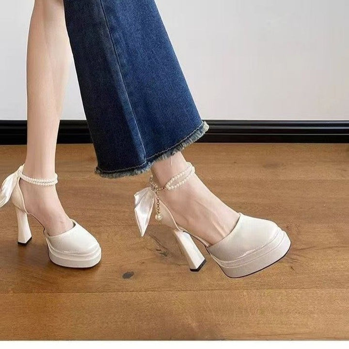 Damen Satin-Plateau-Pumps mit dekorativer Schleife und verstellbarem Knöchelriemen – Lioré