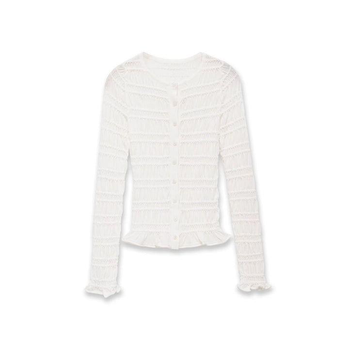 Damen Gesmoktes Feinstrick-Cardigan mit Rüschenabschluss und Knopfleiste Echo Archiv
