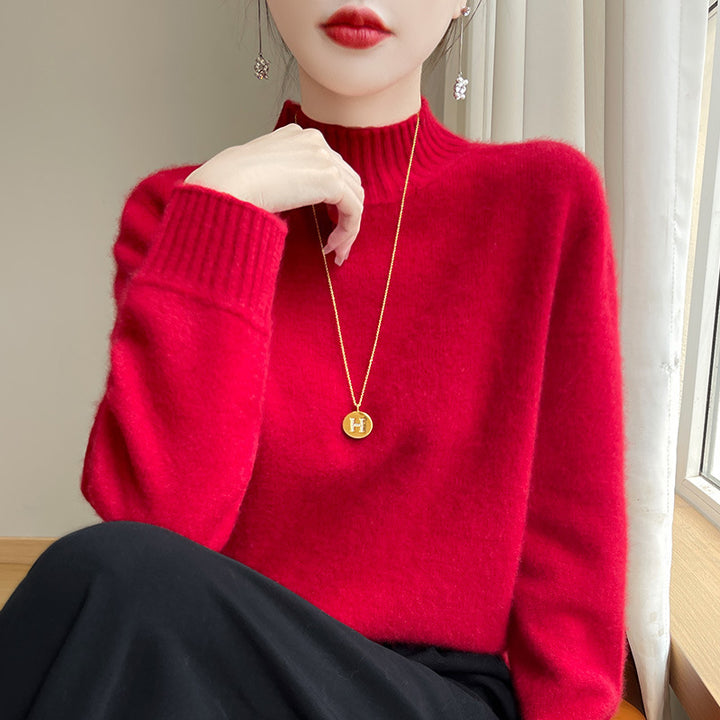 Damen Luxusweicher Midweight-Mockneckpullover aus Angora‑Optik mit feiner Rippe und entspannter Silhouette Echoarchiv
