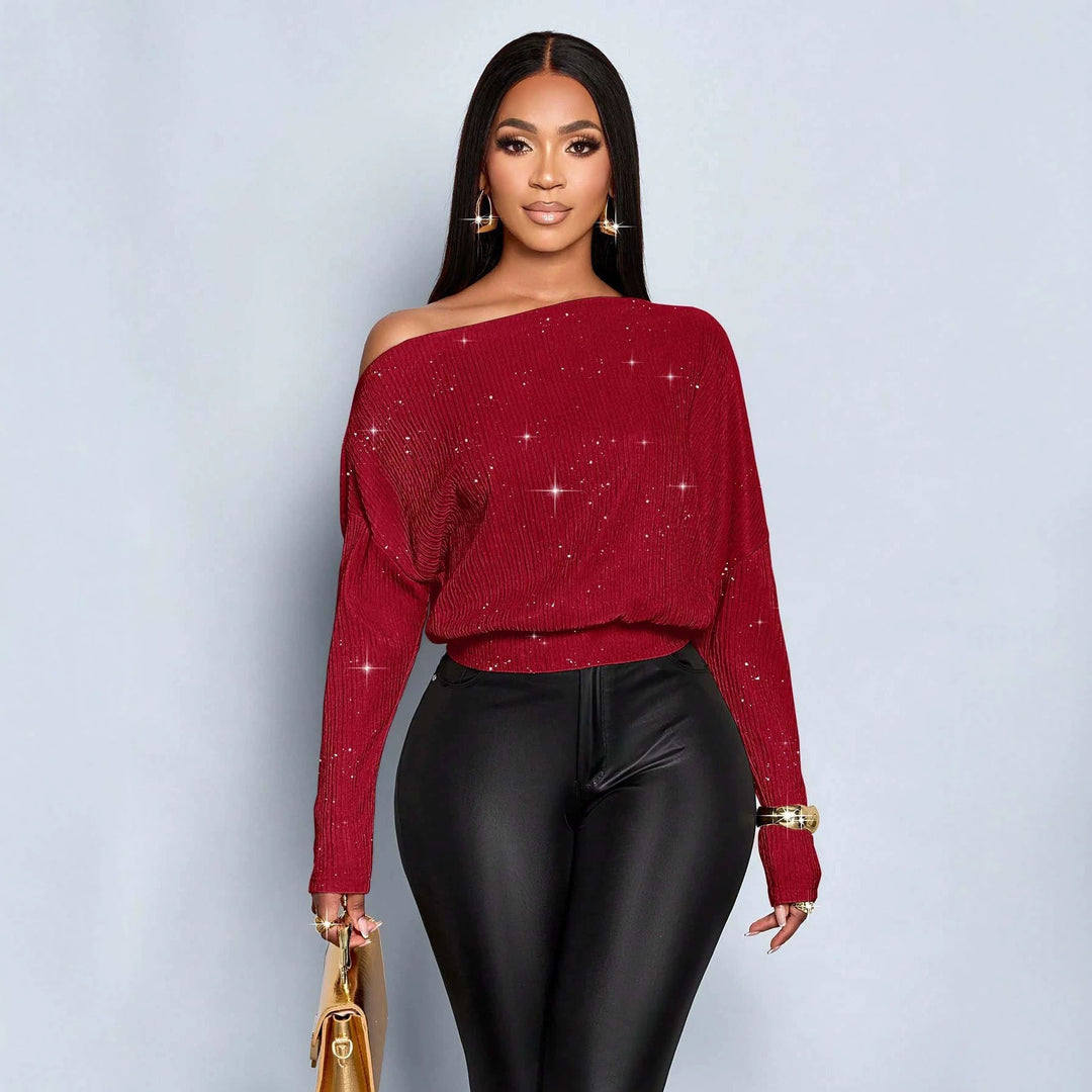 Damen Off-Shoulder Rippstrick-Pullover mit Glitzereffekt und Batwing-Ärmeln Echo Archiv