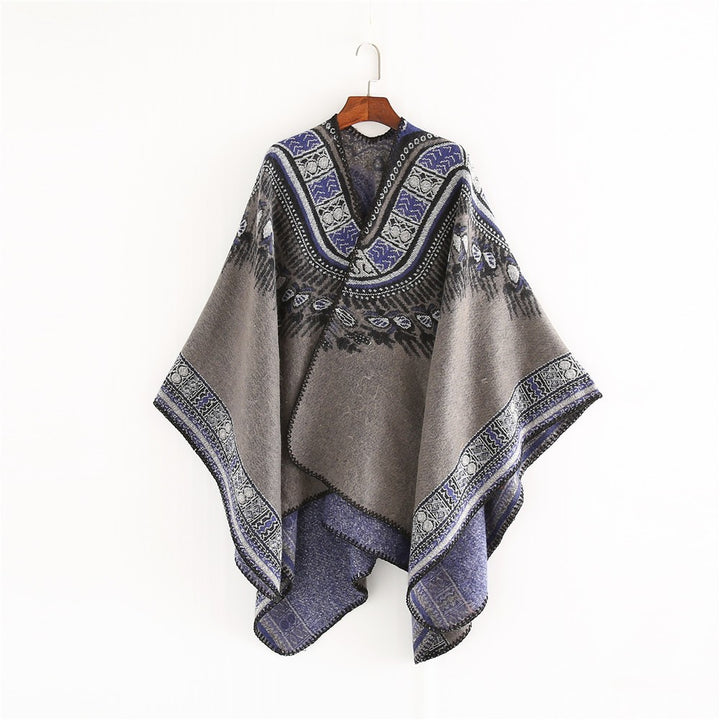 Damen Oversize-Poncho im Ethno-Jacquard mit V-Ausschnitt und strukturiertem Saum Echo Archiv