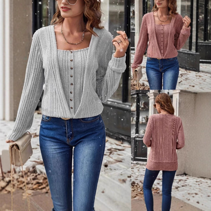 Damen Gerippter Feinstrick-Zweiteiler mit offenem Cardigan und Knopf-Cami – Élanora