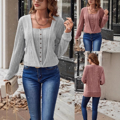 Damen Gerippter Feinstrick-Zweiteiler mit offenem Cardigan und Knopf-Cami – Élanora