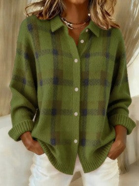Damen Kariertes Strick-Hemdjacke-Cardigan mit Hemdkragen und gerippten Bündchen Echoarchiv