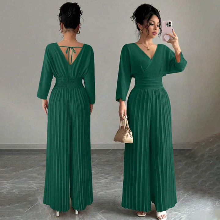 Damen Eleganter Plissee-Jumpsuit mit V-Ausschnitt Echo Archiv
