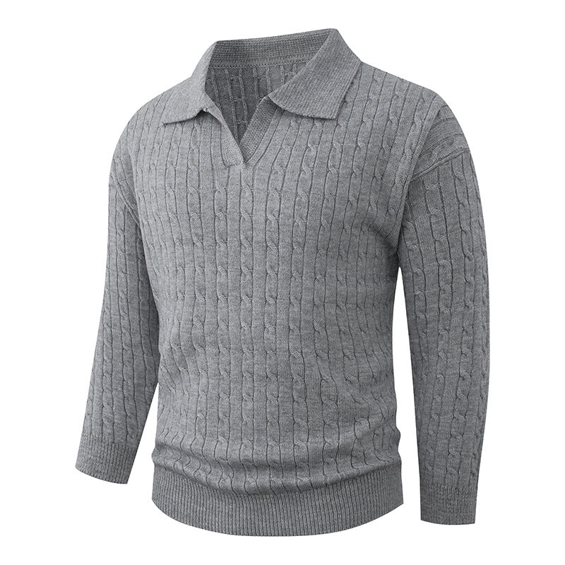 Herren Kabelstrick-Polo-Pullover mit V-Ausschnitt und Zopfmuster Echo Archiv