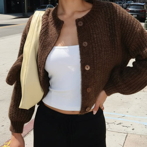 Damen Kurzgeschnittene Rippstrick-Cardigan mit Ballonärmeln und Zierknopfleiste – Veloura