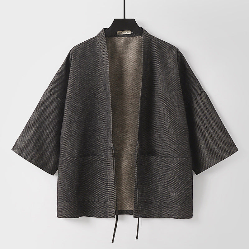 Herren Lockerer Kimono-Cardigan aus strukturierter Baumwollmischung mit kurzem Ärmel und Bindeband Echoarchiv