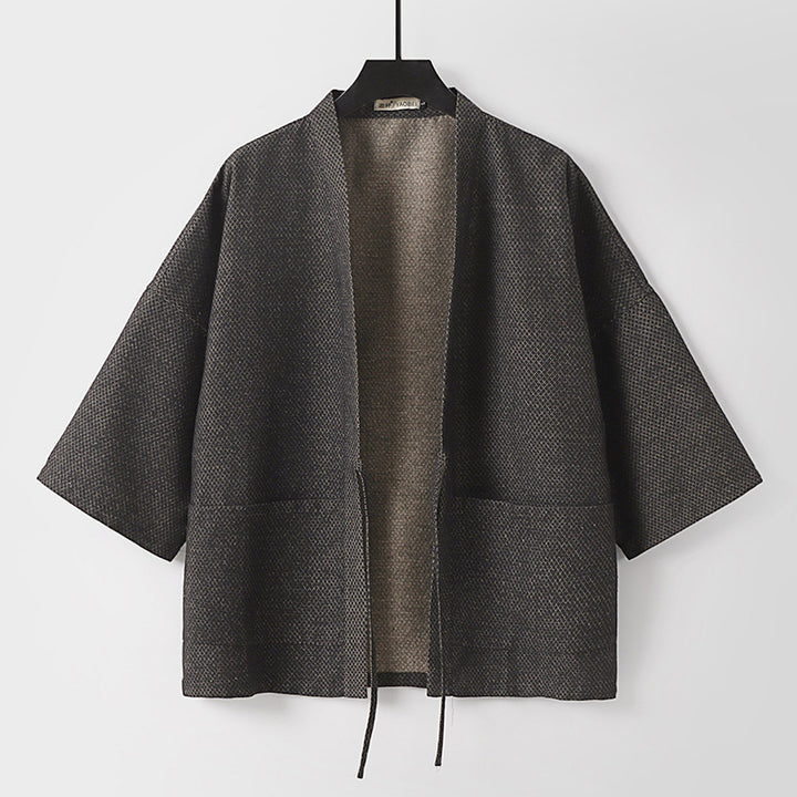 Herren Lockerer Kimono-Cardigan aus strukturierter Baumwollmischung mit kurzem Ärmel und Bindeband Echoarchiv