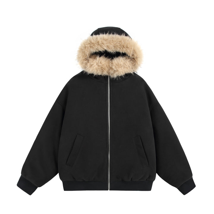 Damen Kurzboxy Kapuzenblouson aus French‑Terry mit voluminöser Kunstfellkante Echoarchiv