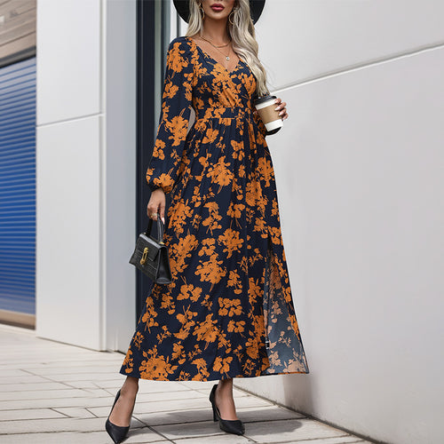Damen Florales Maxikleid mit Wickel‑Dekolleté, Smock‑Taillenband und hohem Seitenschlitz Echoarchiv