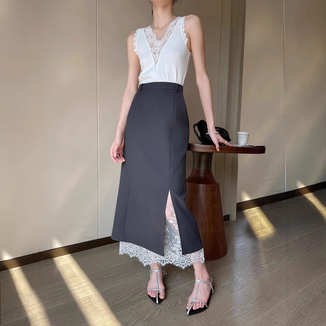 Damen Eleganter Maxirock mit hohem Schlitz und Spitzenabschluss Echoarchiv
