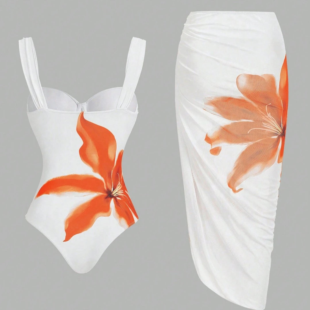 Damen Badeanzug mit elegantem floralem Design und passendem Wickelrock Echo Archiv