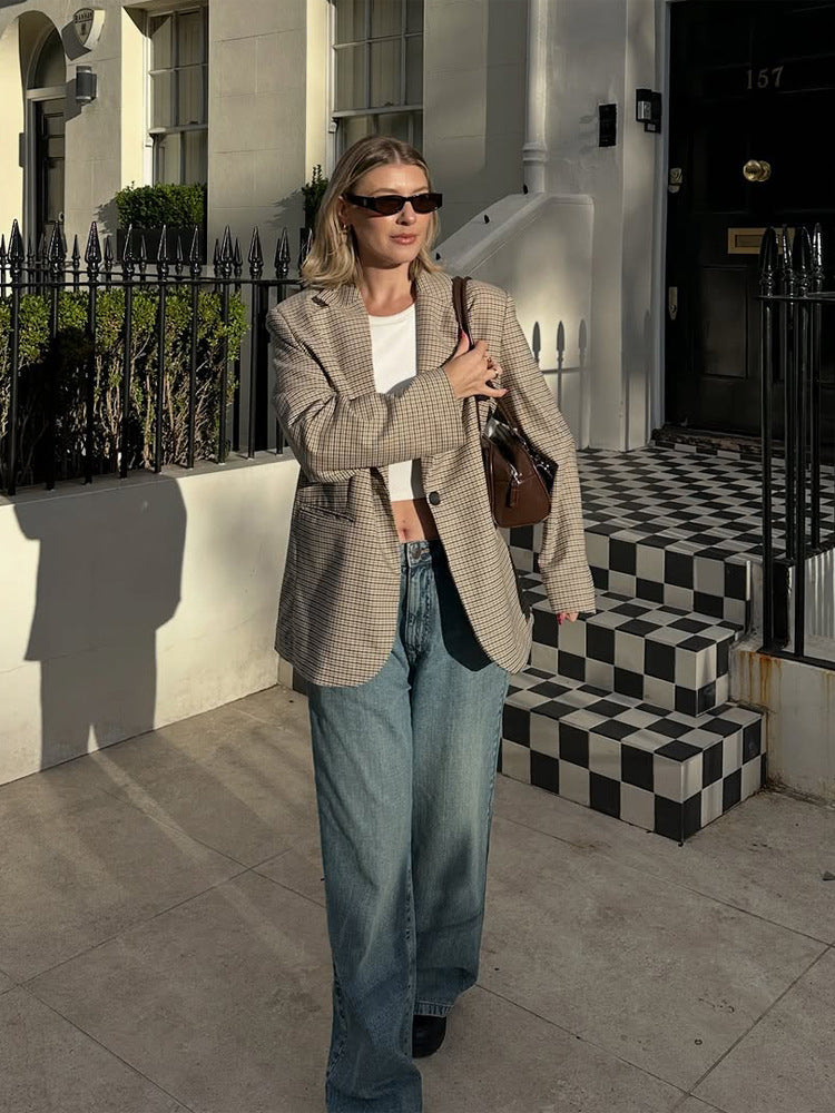 Damen Oversize Glencheck-Sakko mit kastiger Silhouette und aufgesetzten Taschen Echoarchiv