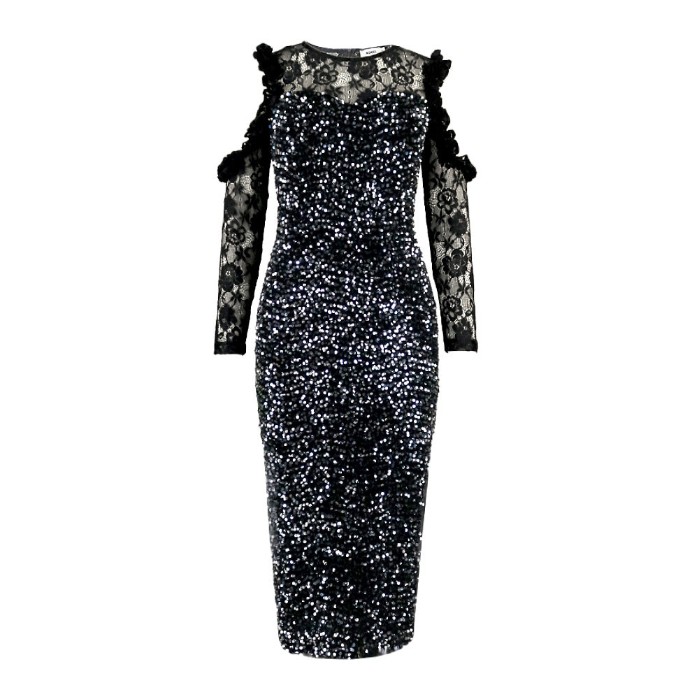 Damen glamouröses Abendkleid mit funkelnden Pailletten und Spitzenärmeln Echo Archiv