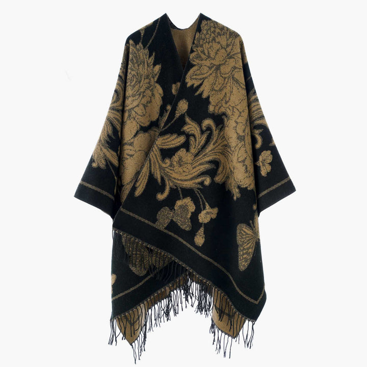 Damen Großer Wollmix Fransenponcho mit diagonalen Kontraststreifen Echo Archiv