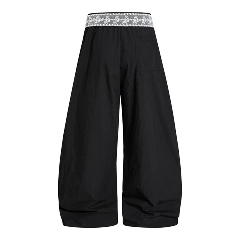 Damen Weite Palazzo-Loungehose mit elastischem Komfortbund, Kontraststreifen und Spitzenschnur Echoarchiv