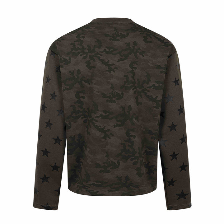 Unisex Oversize Sweatshirt mit Camouflage-Print, Sternärmel-Applikation und großflächigem Metallic-Print Echoarchiv