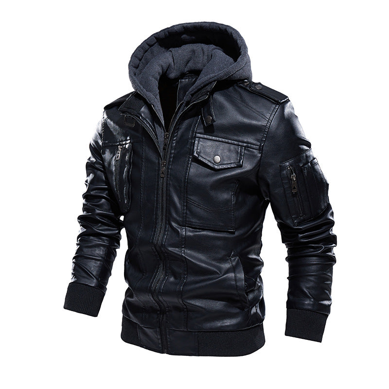 Herren Stilvolle und bequeme Lederjacke mit abnehmbarer Kapuze Echoarchiv