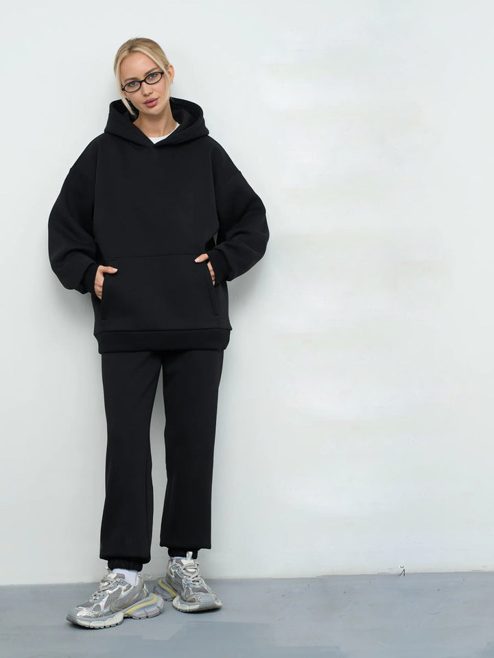 Damen lässiges Kapuzen-Sweatset aus schwerer Baumwollfleece mit Kängurutasche und gerader Jogginghose – Auréline