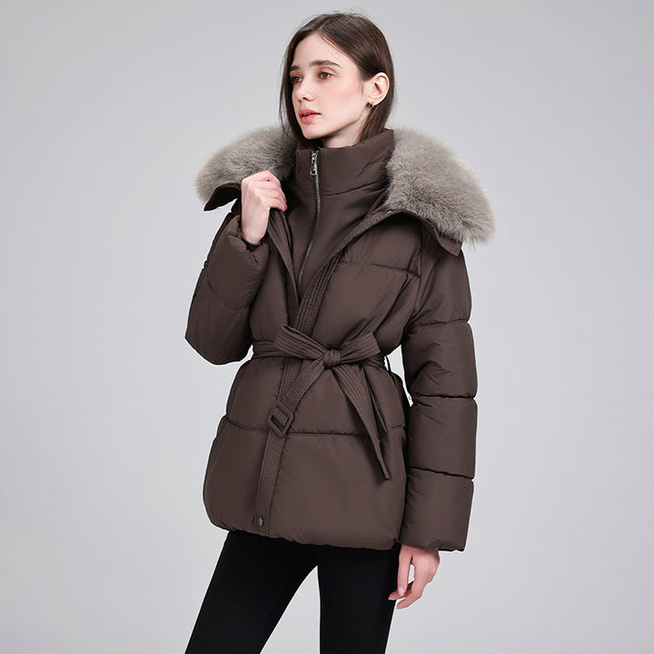 Damen nan luxuriöse kurze Pufferjacke mit integriertem Windschutzkragen und Taillengürtel Echo Archiv