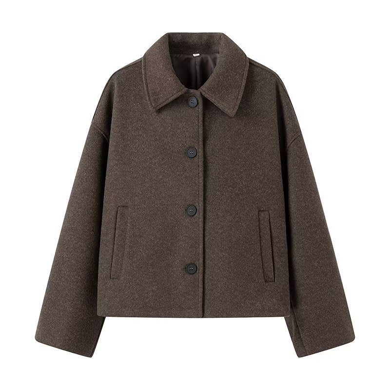 Damen kurz geschnittene Wollmix Kastenjacke mit Hemdkragen, Leistentaschen und weichem Futter – Célinea