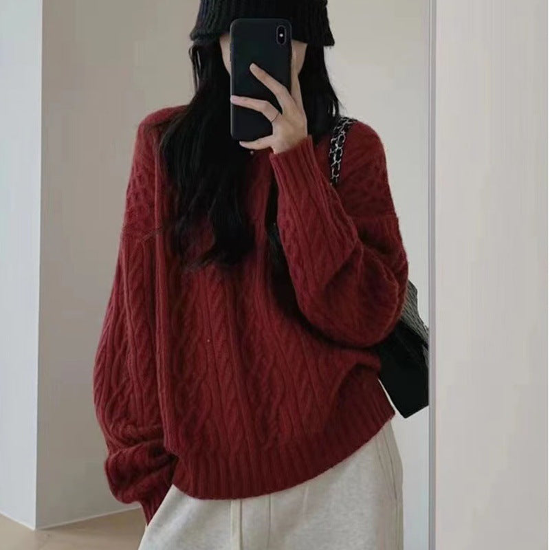 Damen Oversize Zopfmuster‑Pullover mit Rundhalsausschnitt und lässiger Schulterpartie Echoarchiv