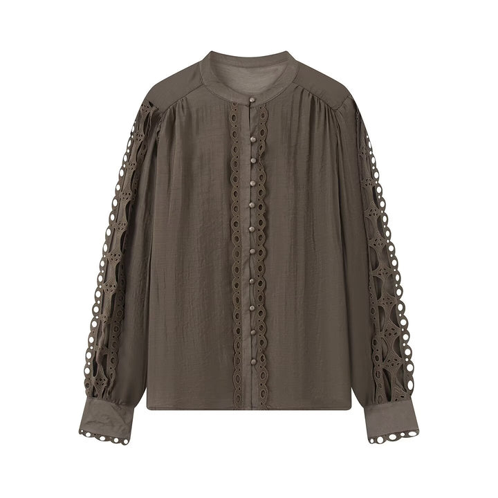 Damen Bluse mit Spitzen‑Cutouts, feiner Knopfleiste und Ballonärmeln Echoarchiv