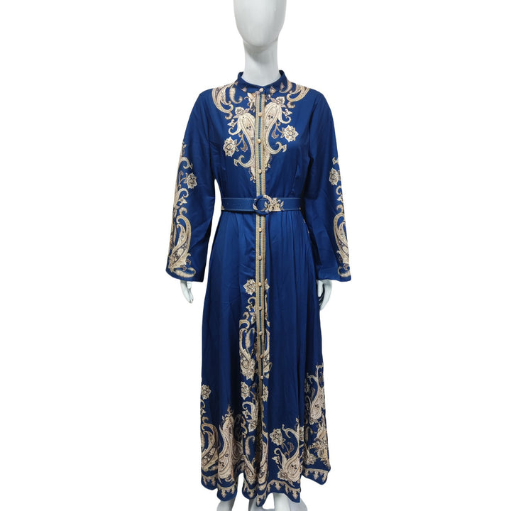 Damen Besticktes Maxikleid mit Stehkragen, Taillengürtel und Orientalischem Paisley-Motiv – Valéora