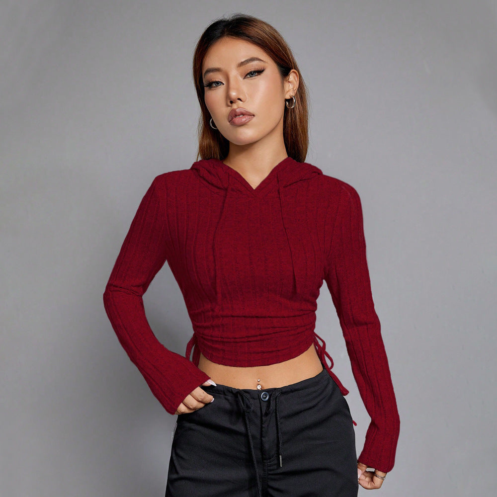 Damen geripptes Crop-Hoodie mit Tunnelzugseitennähten, figurbetonter Silhouette und langen Ärmeln – Auréline