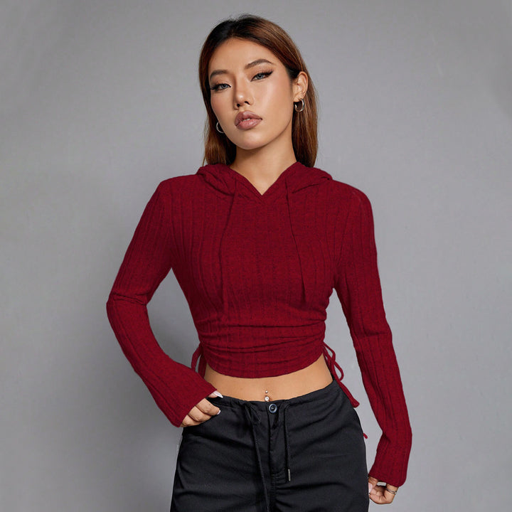 Damen geripptes Crop-Hoodie mit Tunnelzugseitennähten, figurbetonter Silhouette und langen Ärmeln – Auréline