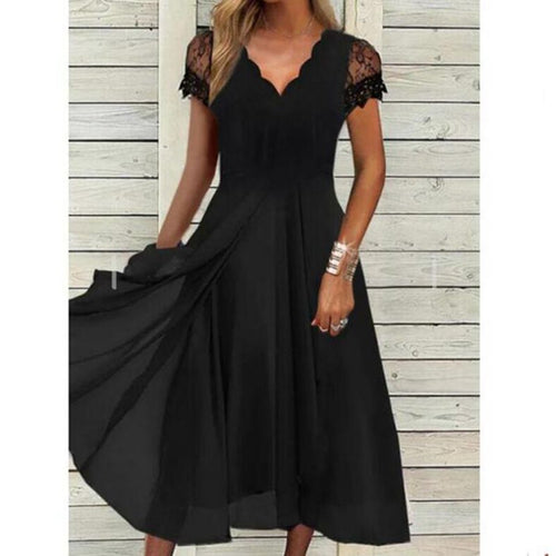 Damen nan fließendes Midikleid mit geschwungenem V-Ausschnitt, taillierter A-Linien-Silhouette und filigranen Spitzenärmeln Echo Archiv
