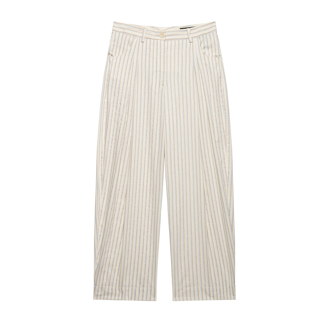 Damen Weite Leinenhose mit hoher Taille, Streifenmuster und aufgesetzten Taschen Echoarchiv