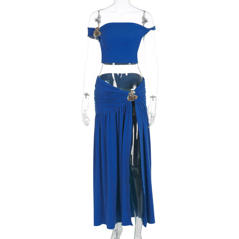 Damen Off-Shoulder Maxirock mit figurbetontem Crop-Top und verspieltem Detail Echo Archiv