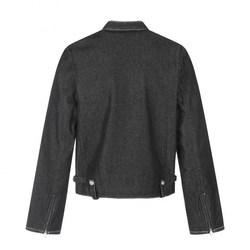 Herren Kurz geschnittene kastige Denimjacke im Worker-Blouson-Stil mit Stehkragen und Metallapplikationen Echo Archiv